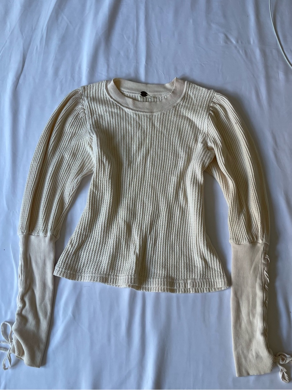 Cream Ribbed Long Sleeve Tie-Cuff Top